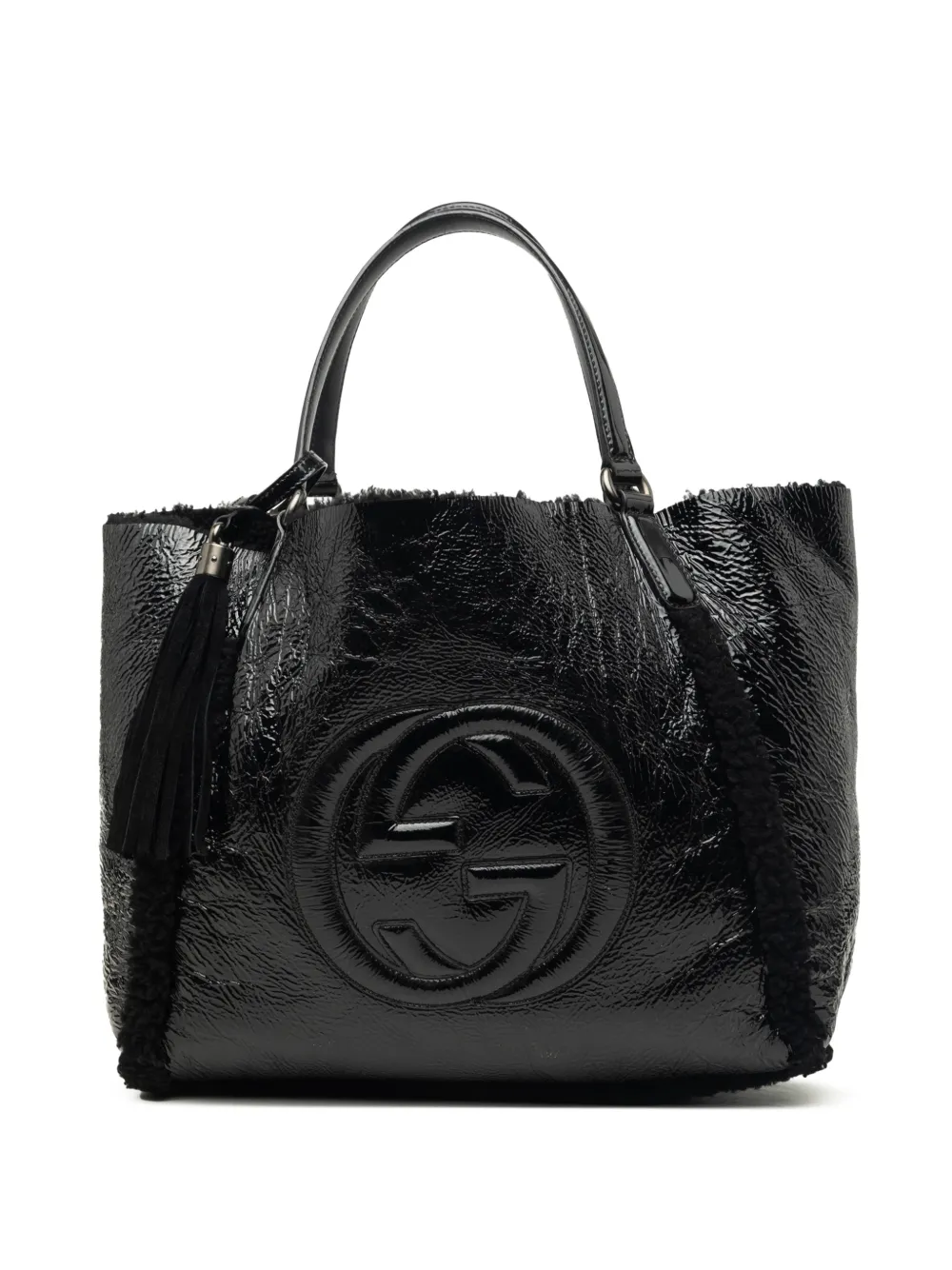 Gucci Pre-Owned 2016-2026 Medium Shearling Trimmed Patent Soho Cellarius tote bag - Black