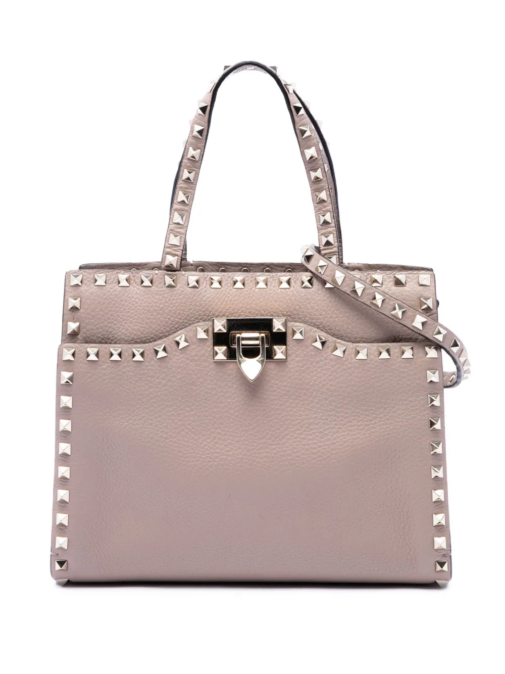 Valentino Garavani Pre-Owned 2018-2026 Grained Calfskin Rockstud Flip Lock Tote satchel - Marrone