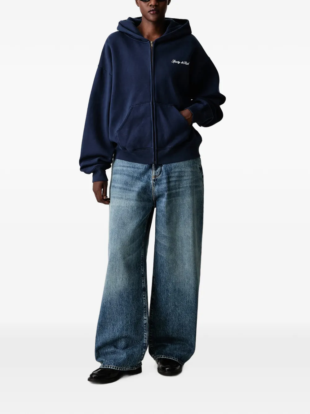 Sporty & Rich Signature hoodie met geborduurd logo en rits Blauw