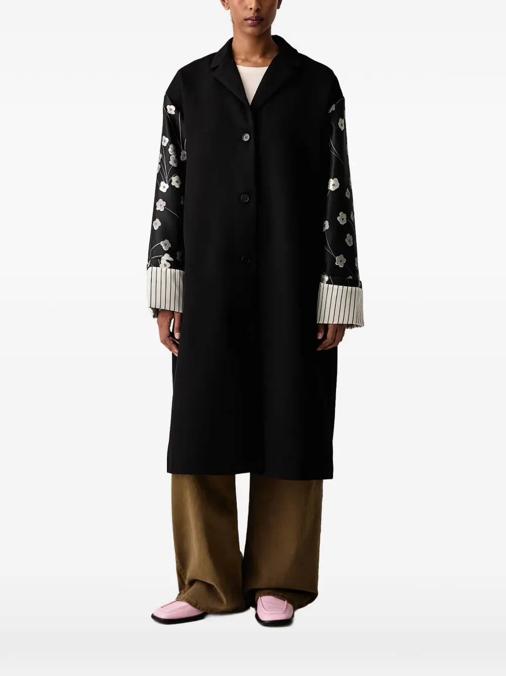 Stine Goya Floral-print Striped-cuff Coat In Schwarz