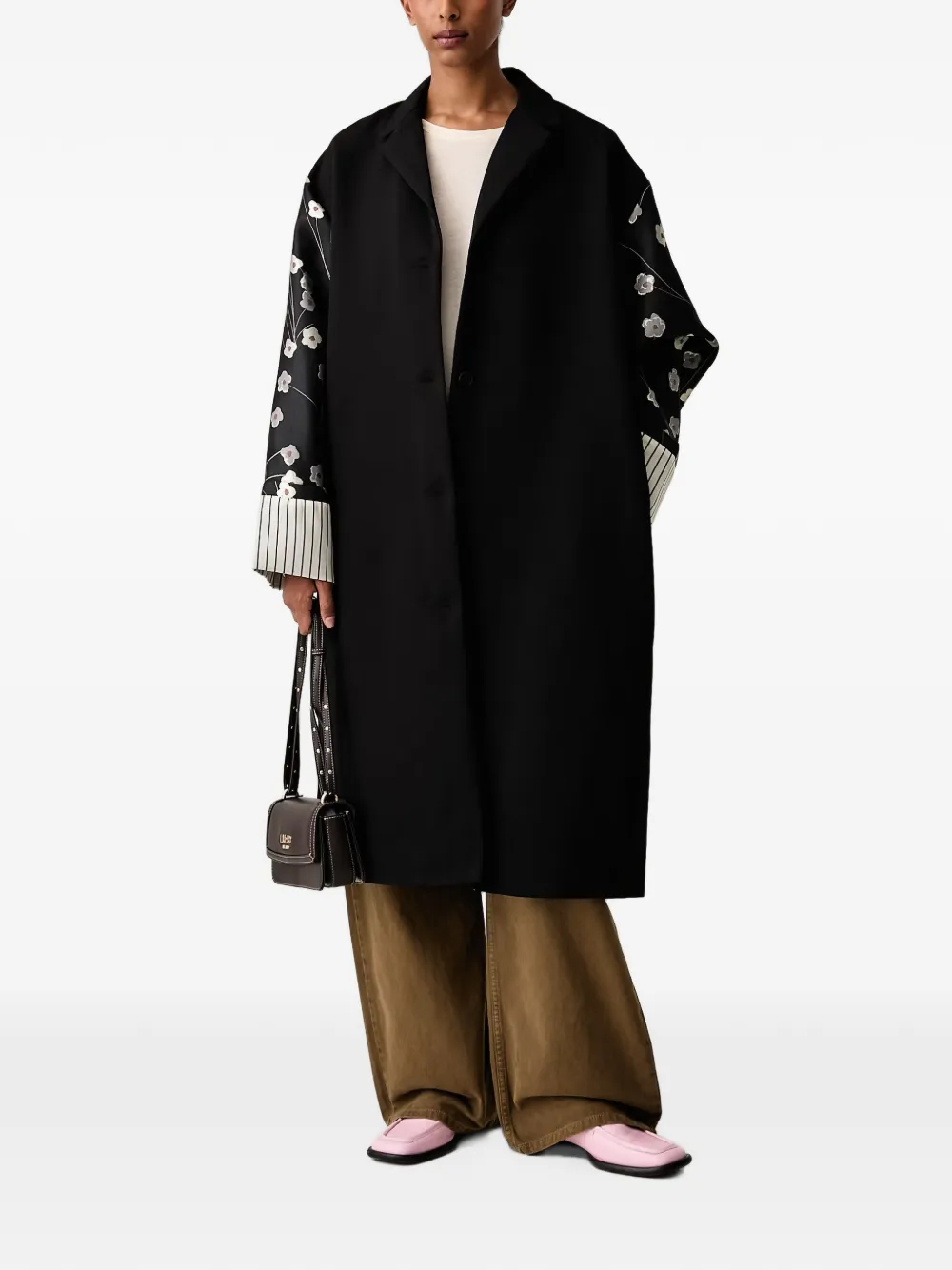 Stine Goya floral-print striped-cuff coat - Nero