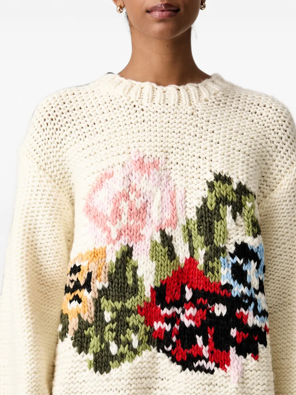 Stine Goya Chunky gebreide trui met bloemen-intarsia Beige