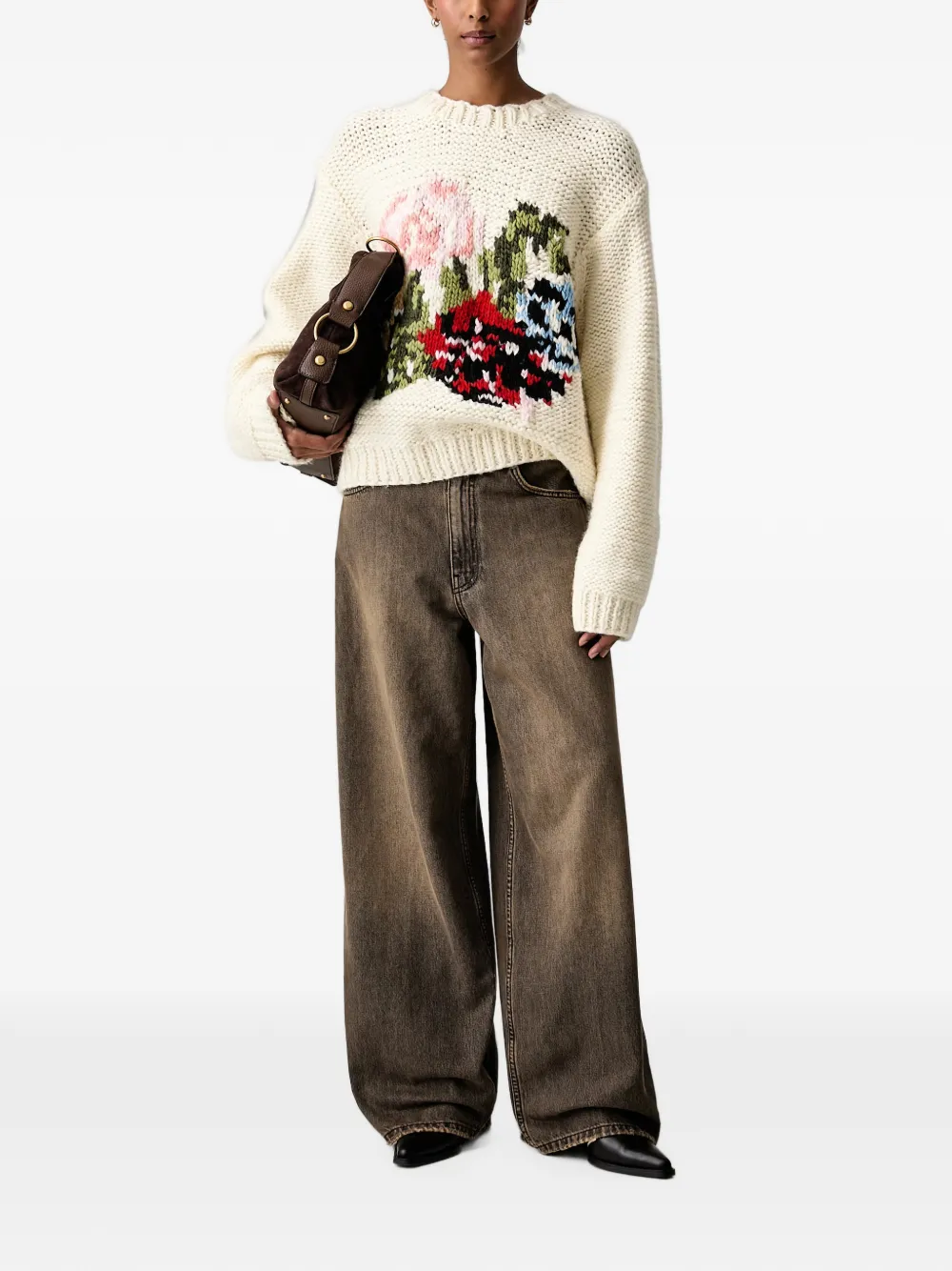 Stine Goya Chunky gebreide trui met bloemen-intarsia Beige