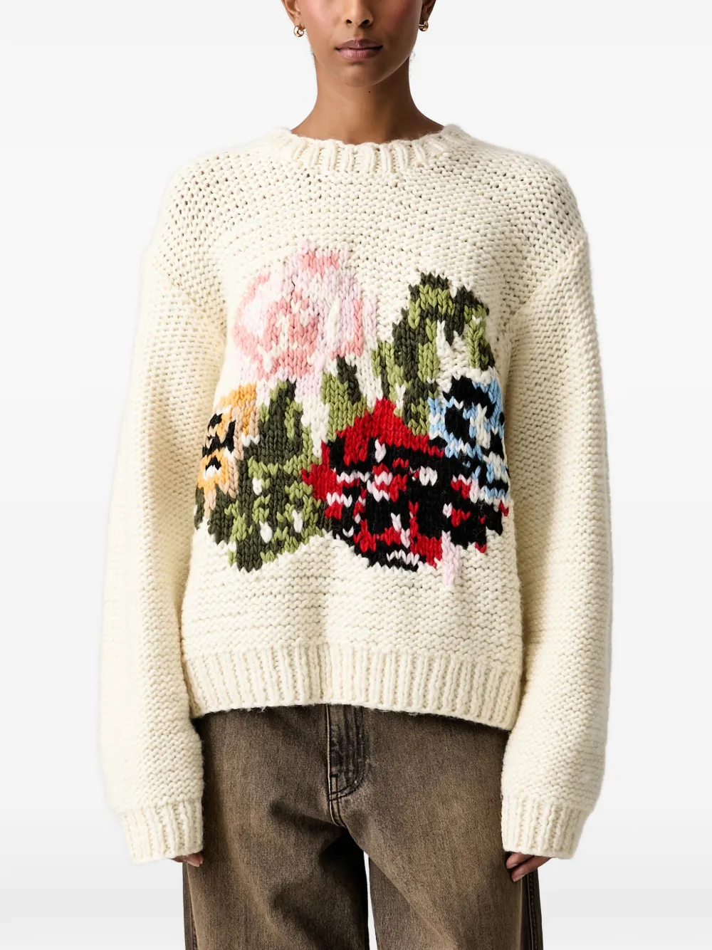 Stine Goya Floral-intarsia Chunky-knit Sweater In Nude