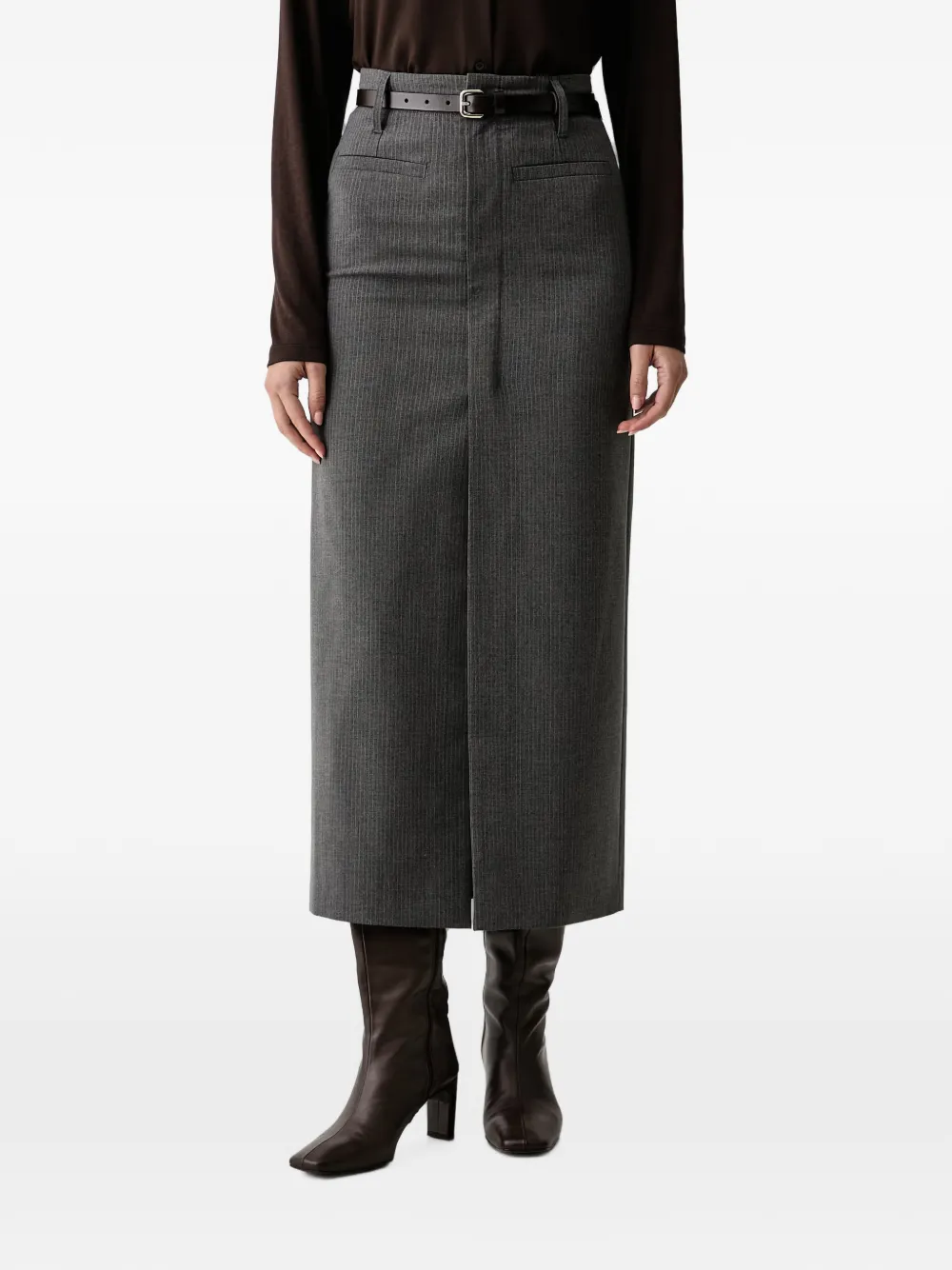 Eleh pinstripe-pattern front-slit skirt