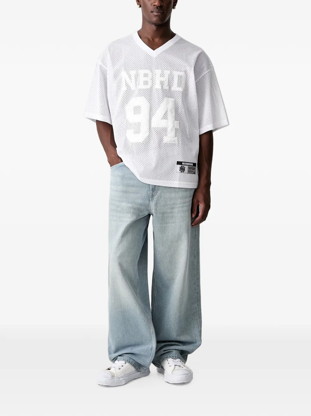 Neighborhood mesh-knit logo-patch T-shirt