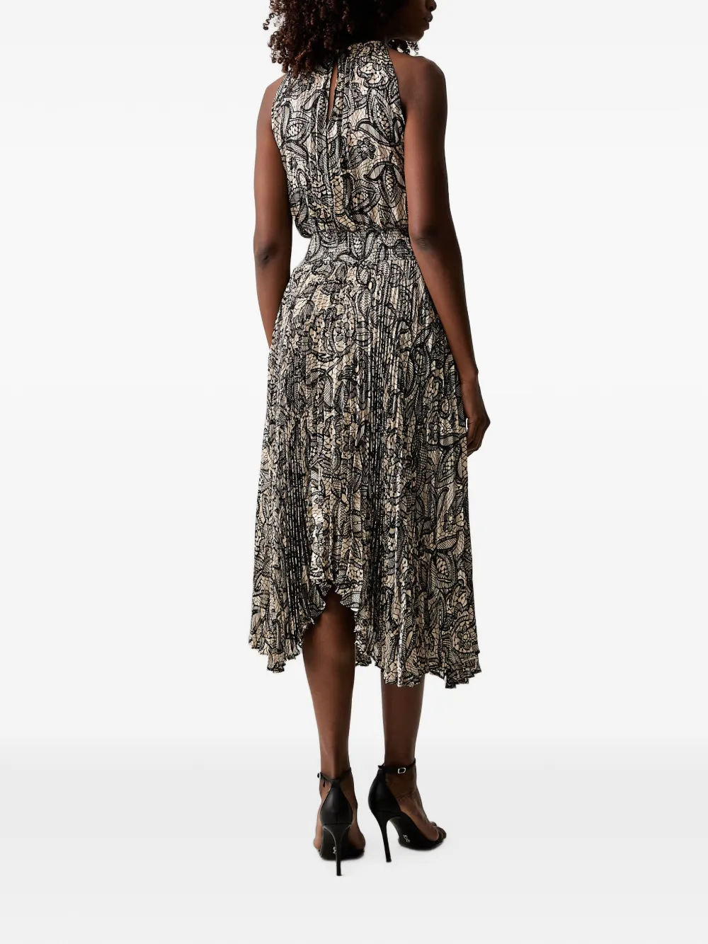 Morgan lace-print pleated midi dress Beige