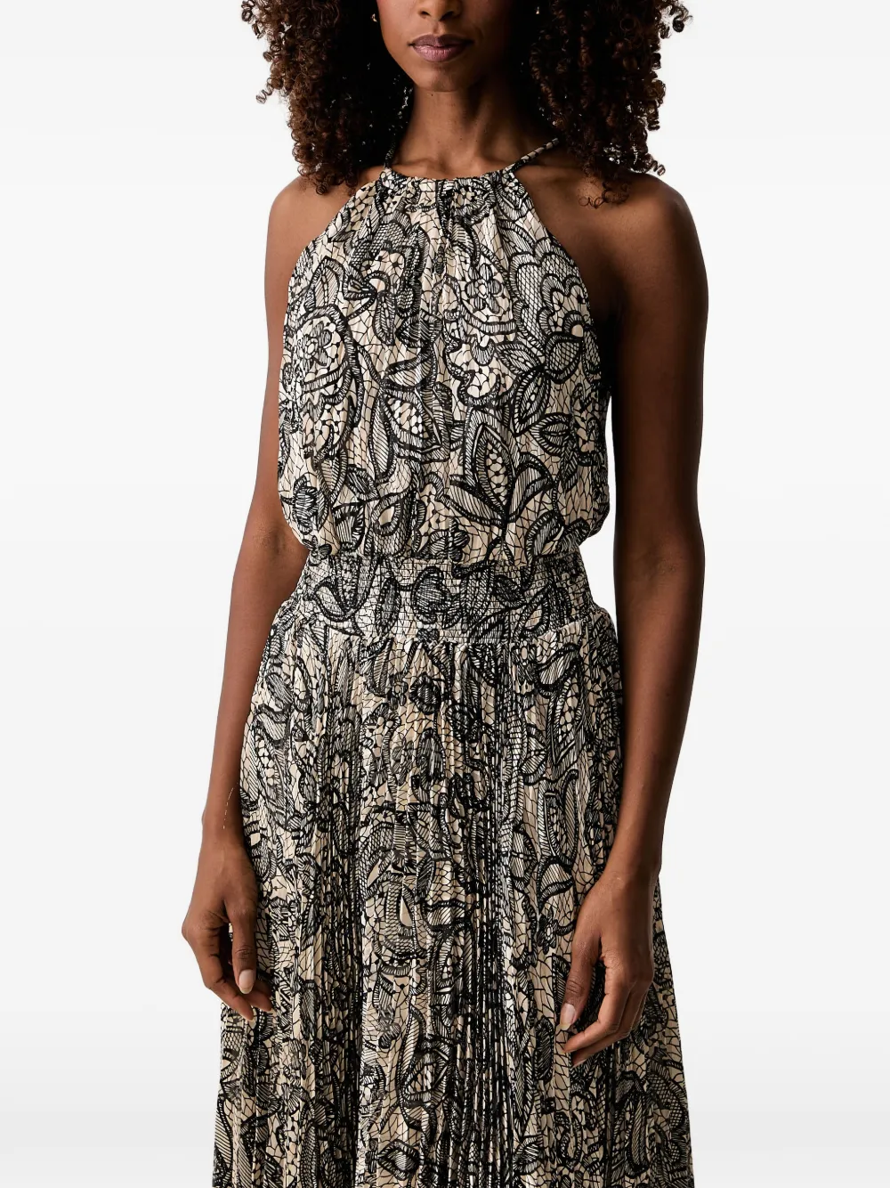 Morgan lace-print pleated midi dress