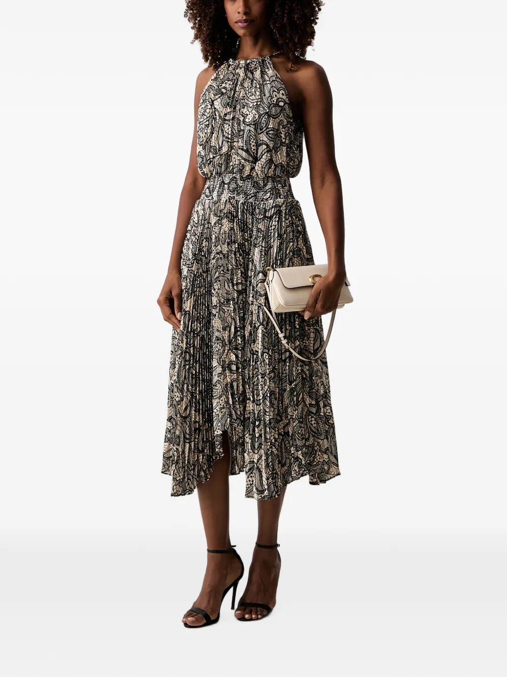 Morgan lace-print pleated midi dress Beige