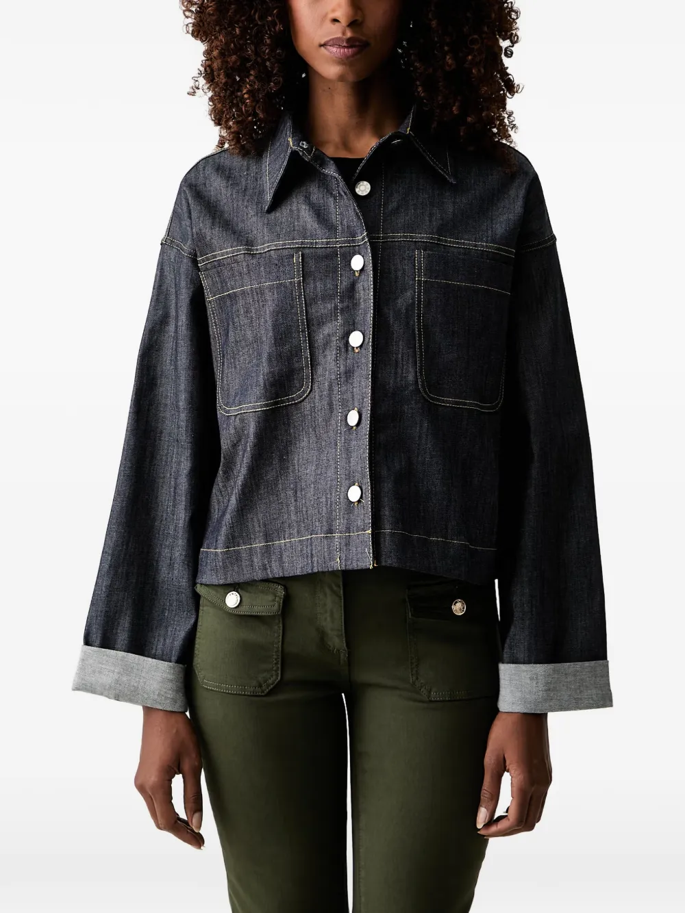 Morgan contrast-stitched cropped denim jacket