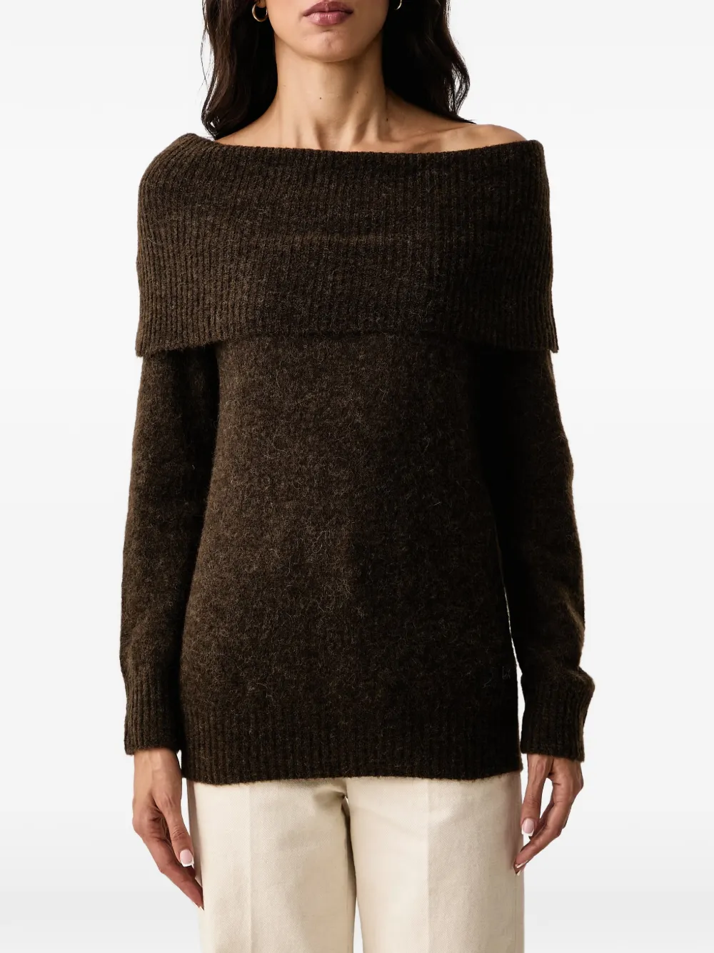 Mos Mosh Mape off-shoulder ribgebreide trui Bruin