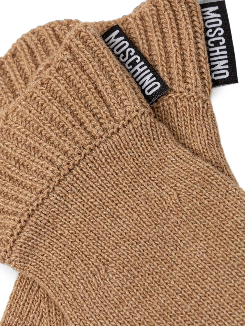 Moschino Handschoenen met geribbelde manchetten en logo-patch Beige