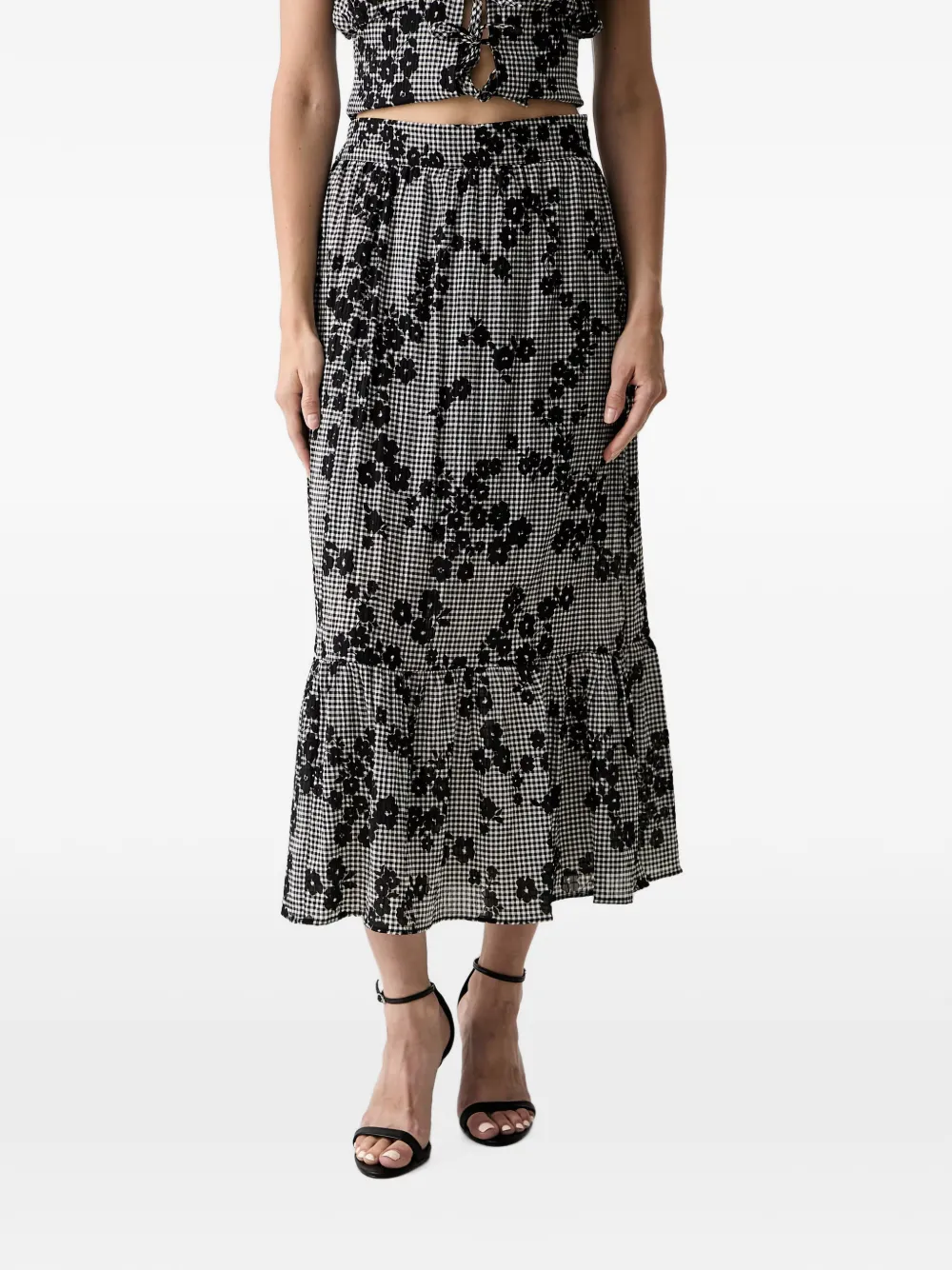 Morgan floral-print gingham midi skirt