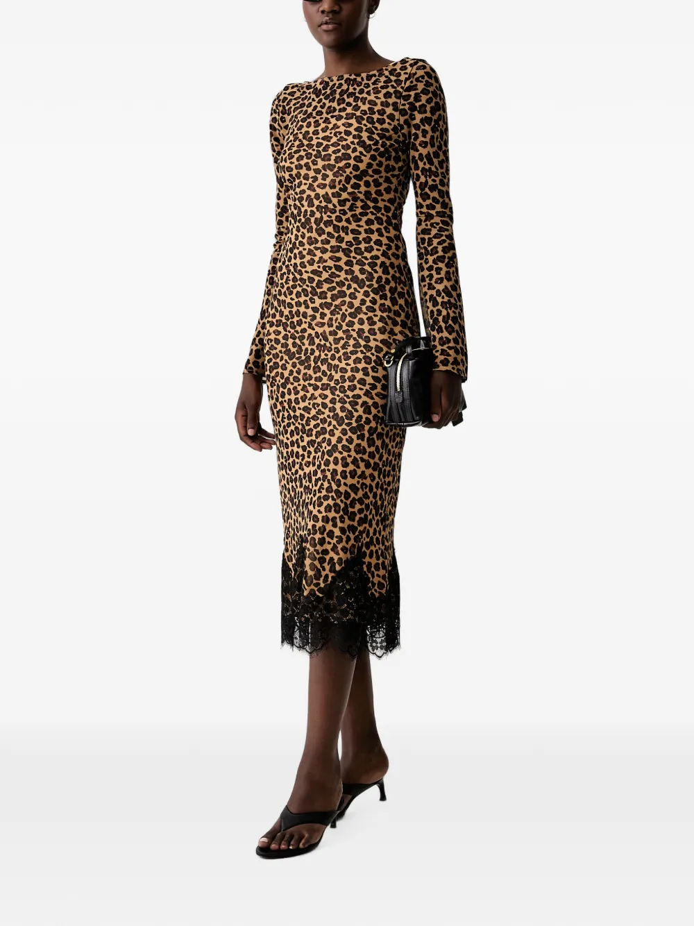 NEVER FULLY DRESSED leopard-print lace-trim midi dress