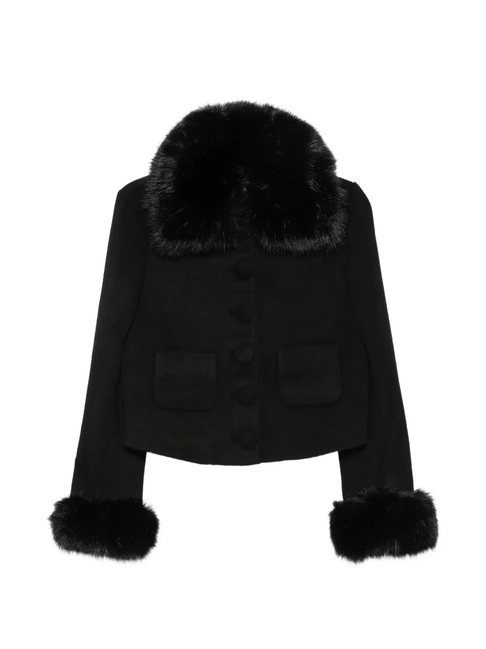 Self-Portrait faux-fur trim button-up jacket - Nero