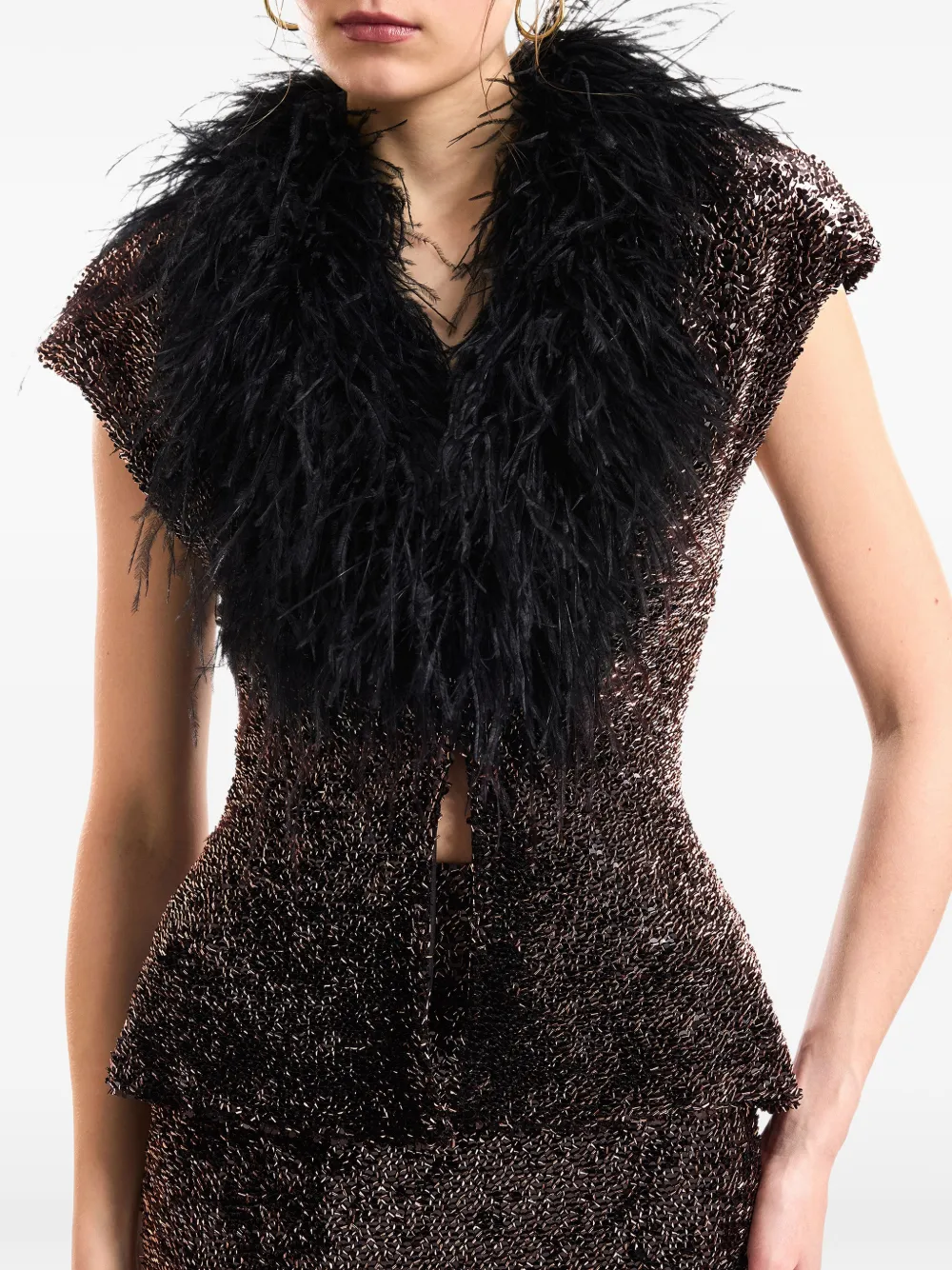 Gemy Maalouf Top met pailletten en verenafwerking Bruin