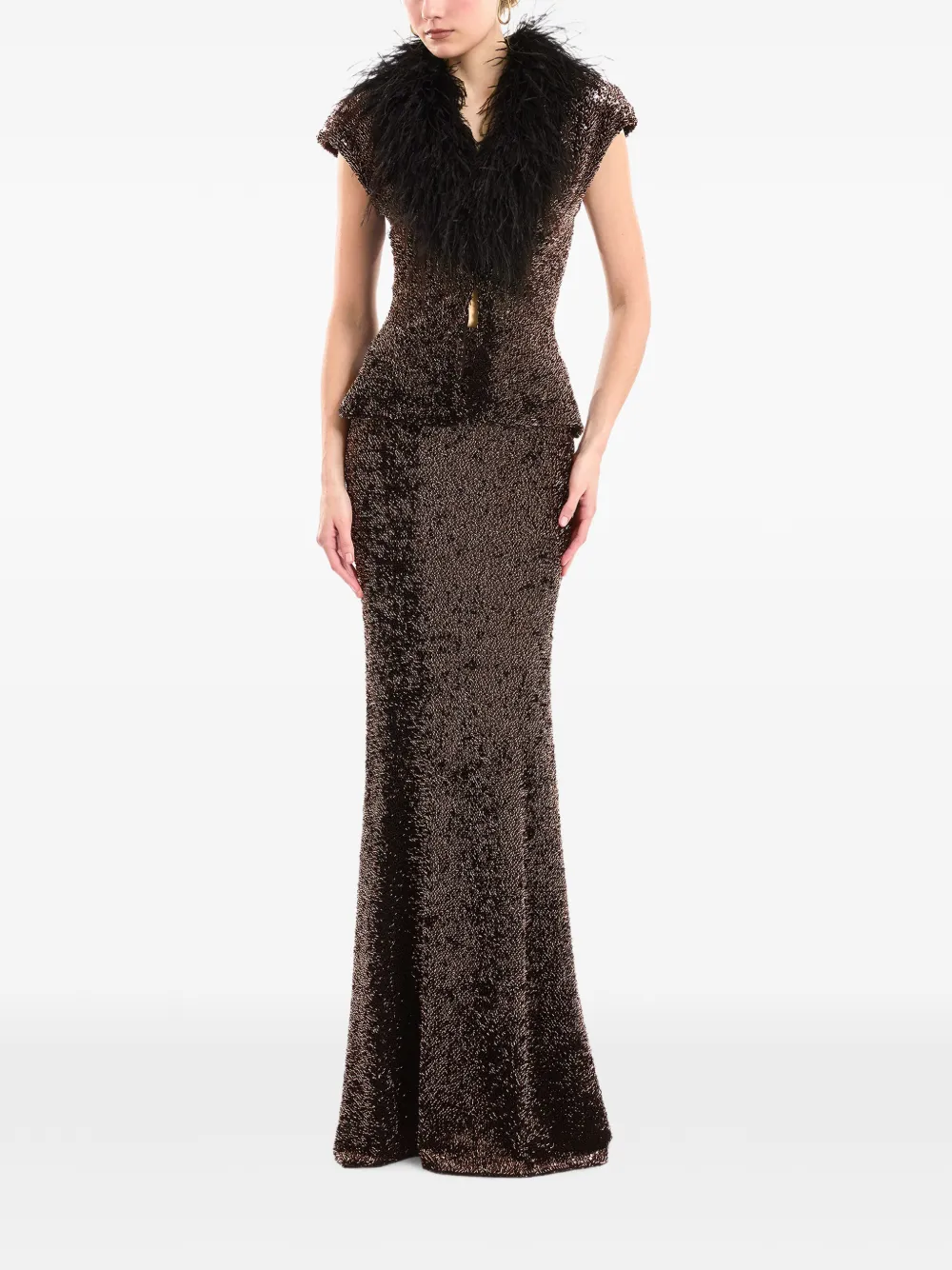 Gemy Maalouf Top met pailletten en verenafwerking Bruin