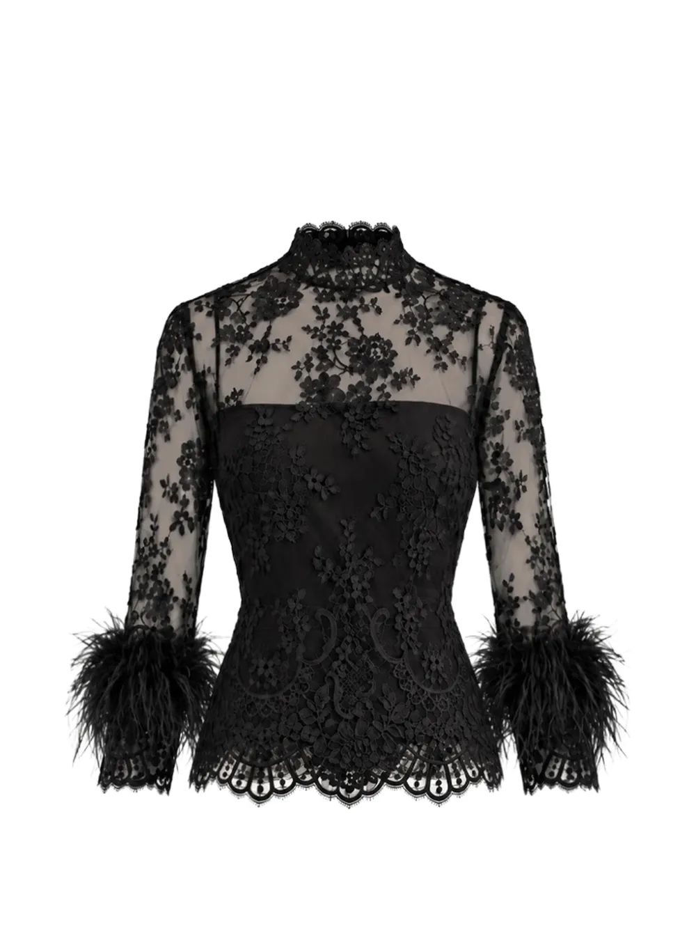 Gemy Maalouf Top in pizzo con finiture in piume - Nero