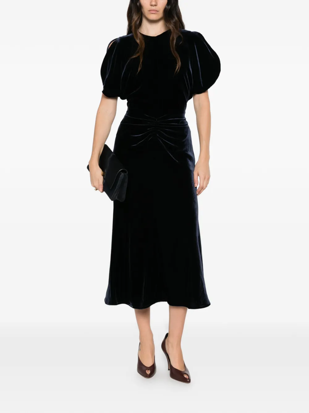 Victoria Beckham Bela fluwelen midi-jurk met ruches Blauw