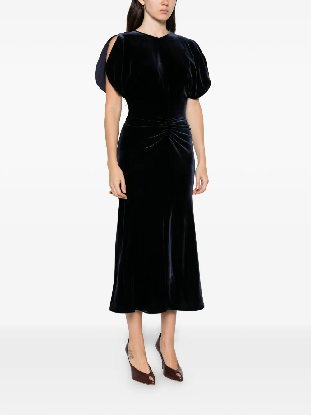 Victoria Beckham Bela fluwelen midi-jurk met ruches Blauw