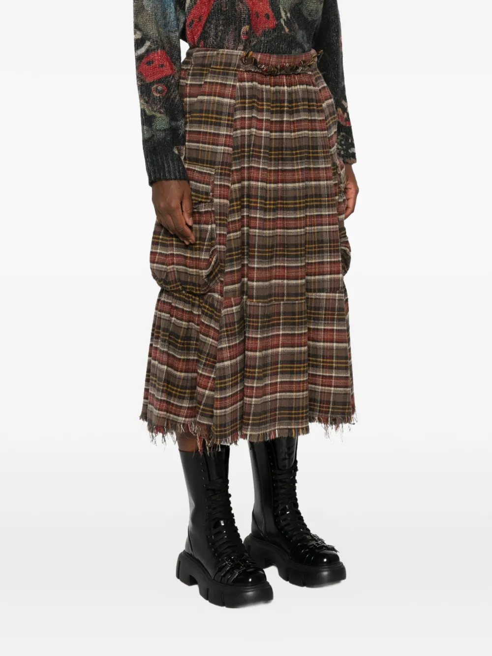 R13 Plaid-pattern Cargo Midi Skirt in Brown, view 3