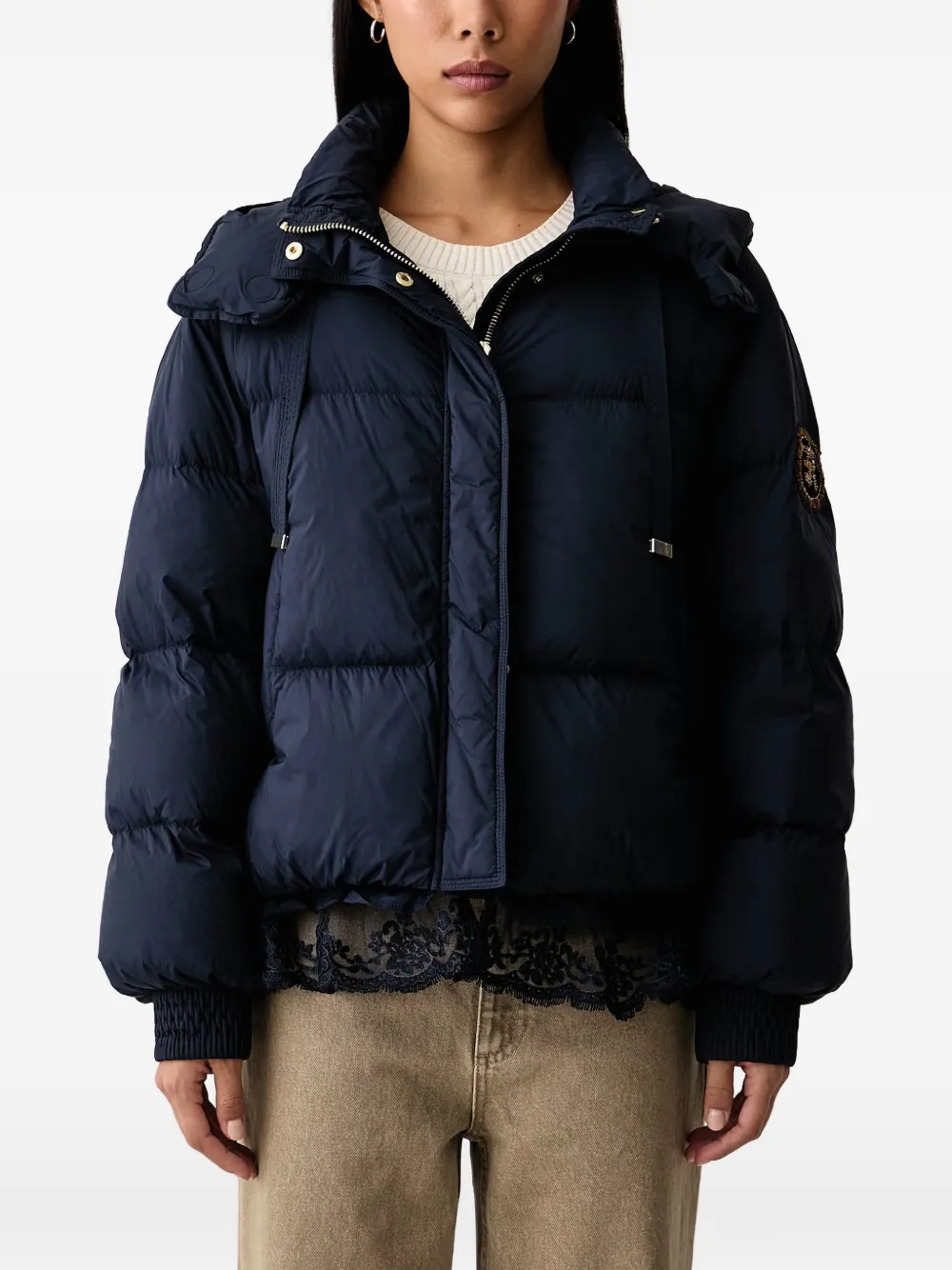 ERMANNO FIRENZE lace-trim hooded puffer jacket Blauw