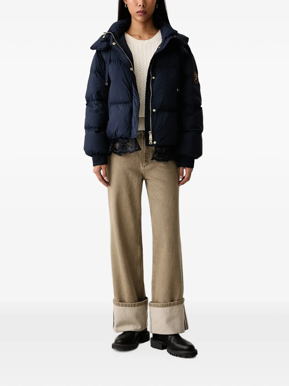 ERMANNO FIRENZE lace-trim hooded puffer jacket Blauw
