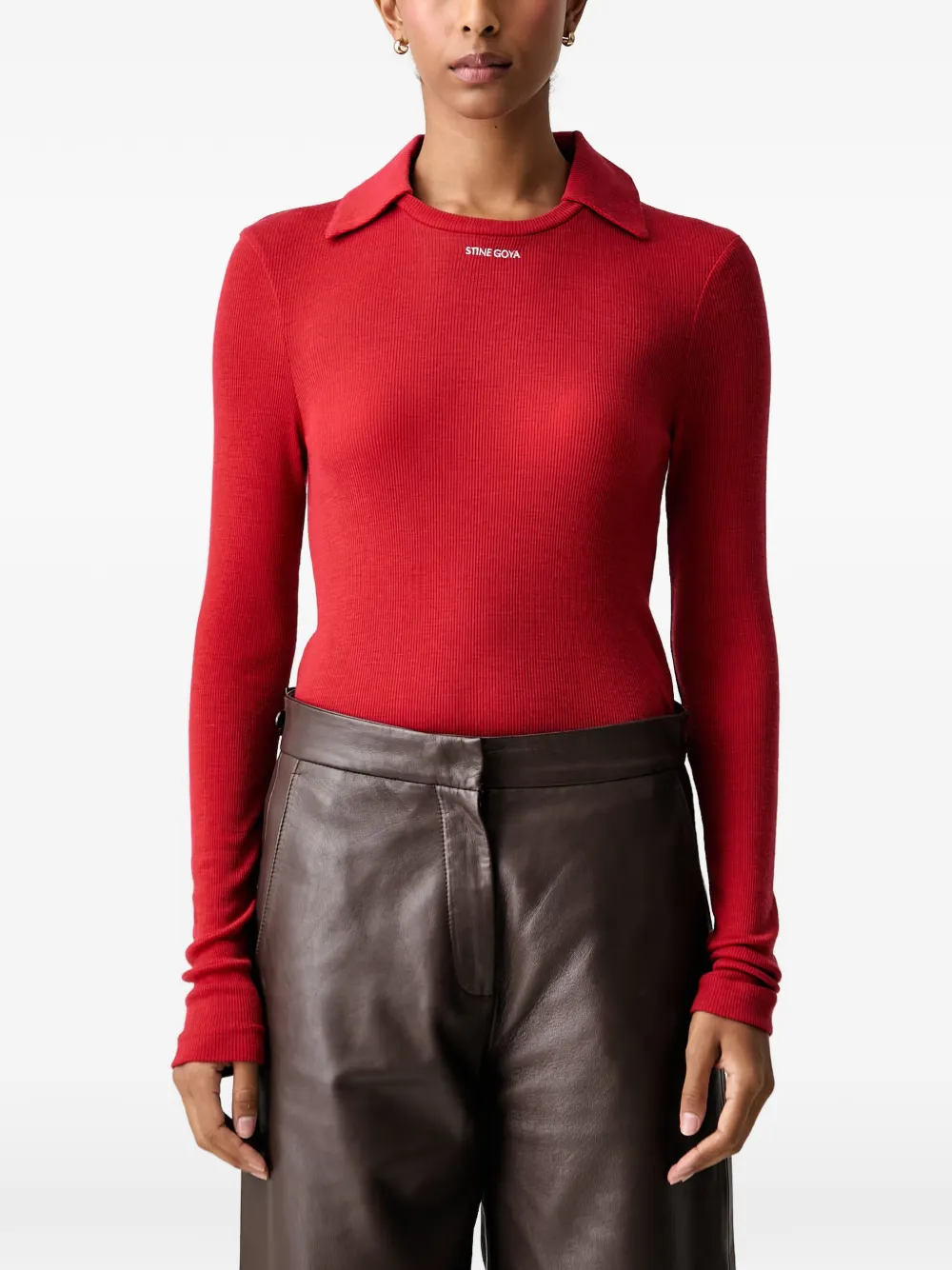 Stine Goya Ribbed-knit Long-sleeve Polo Top In Rot