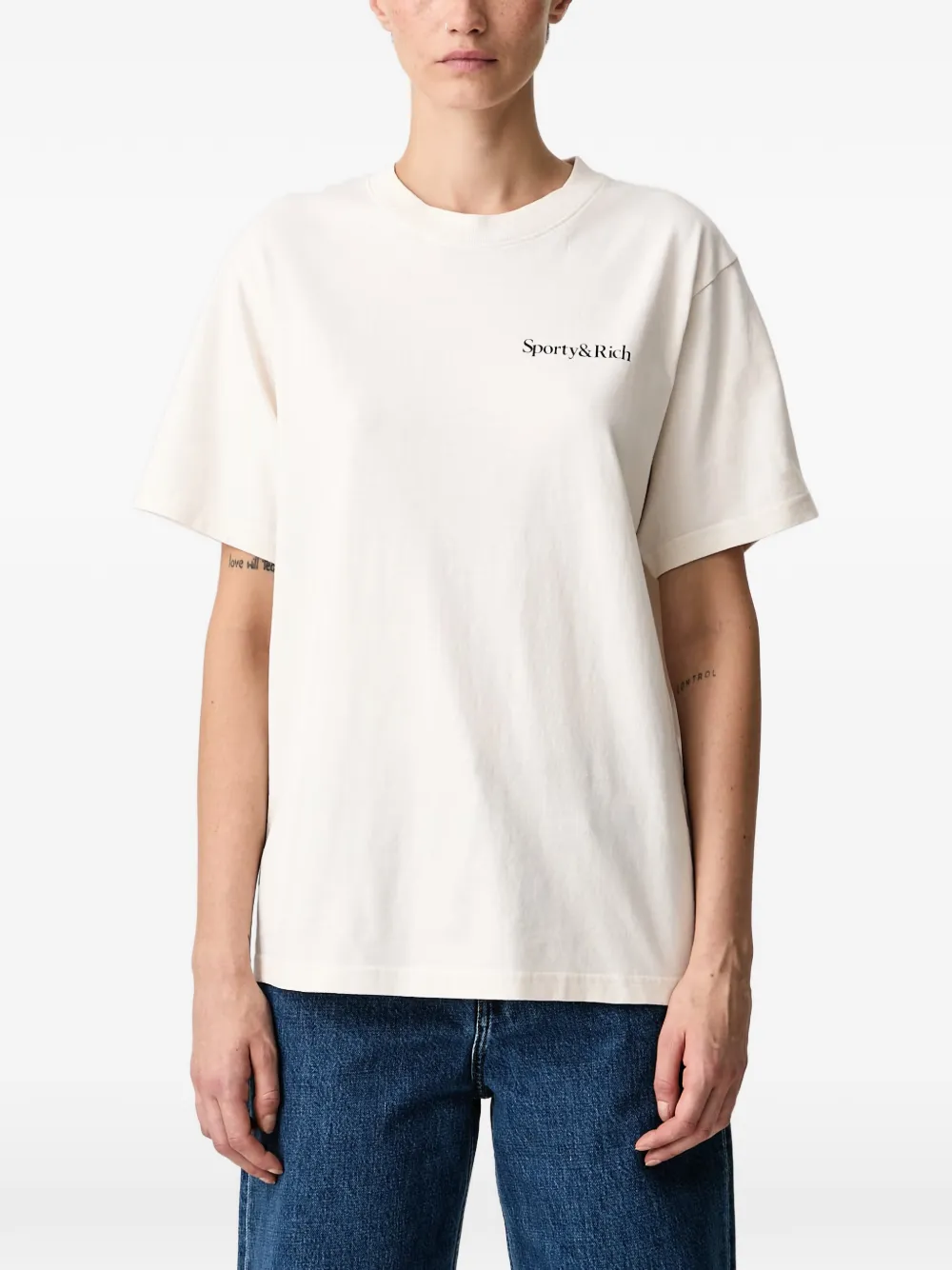 Sporty & Rich Health Is Wealth T-shirt met logo-print Beige