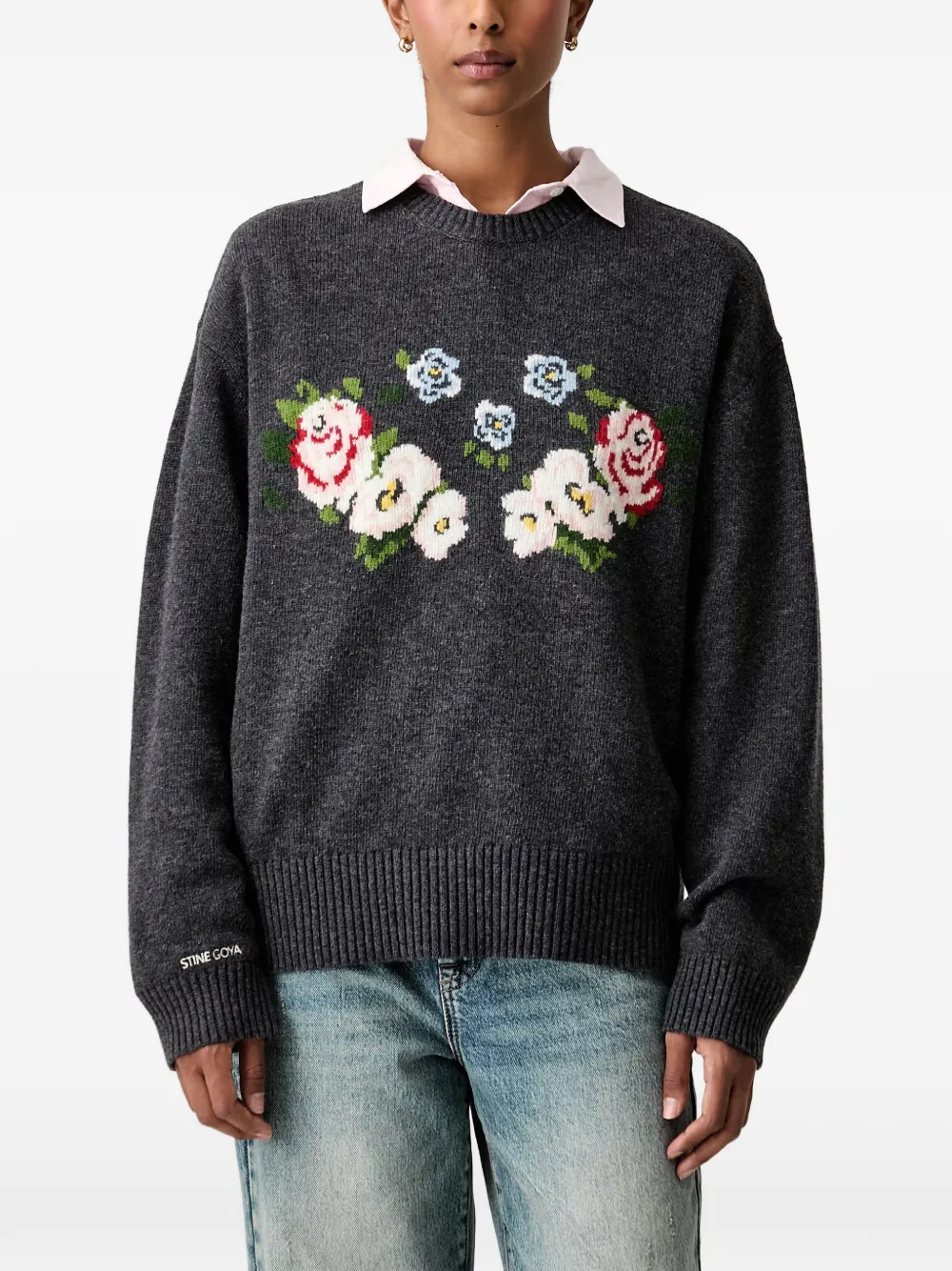 Stine Goya Floral-intarsia Sweater In Grau