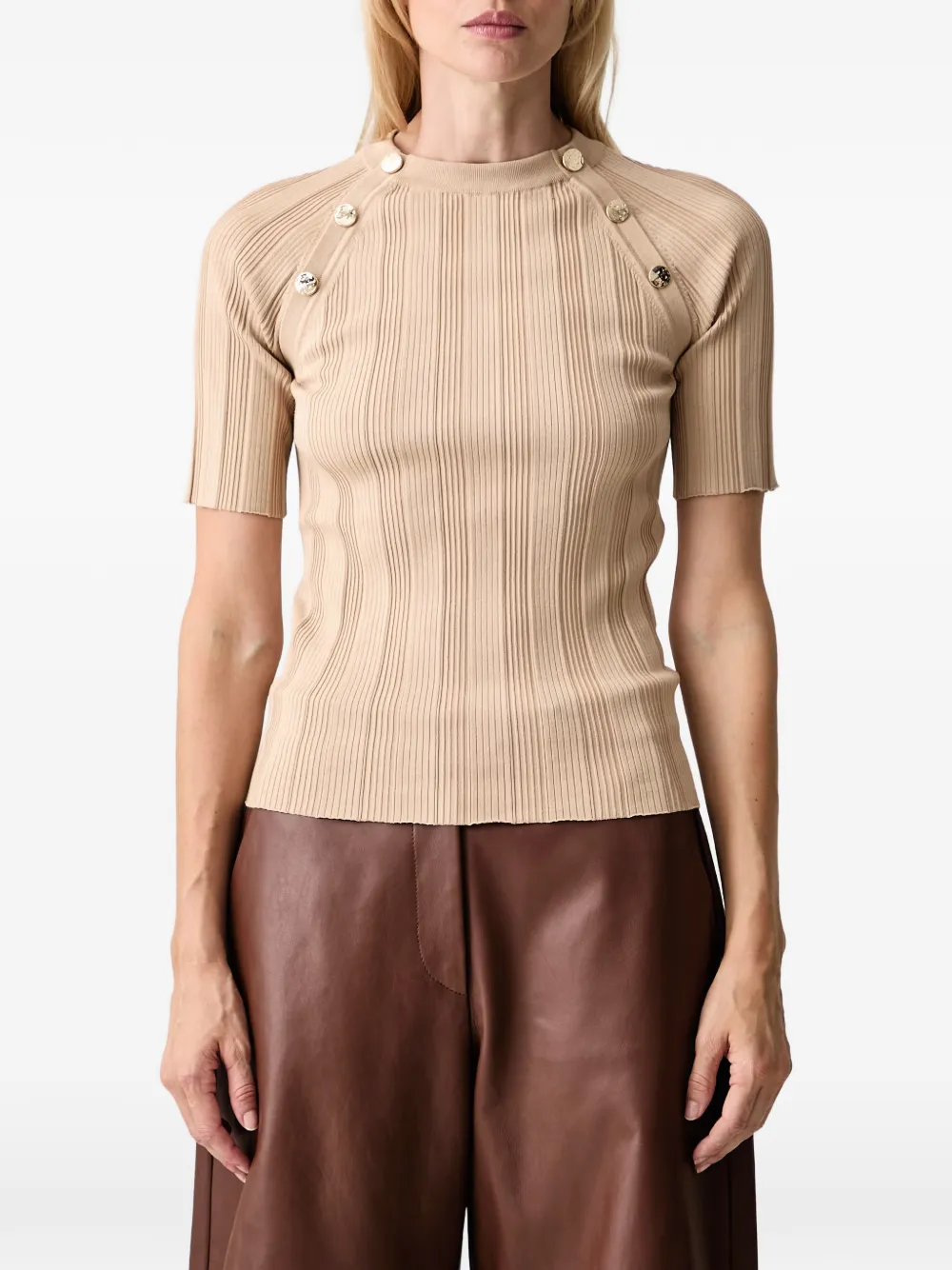 Sportmax Geribbeld T-shirt met knoopdetail Beige