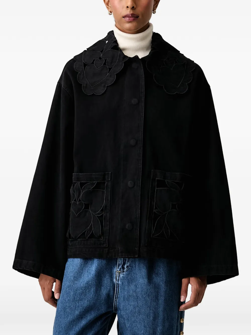 FARM Rio heart-embroidered scalloped jacket - Nero