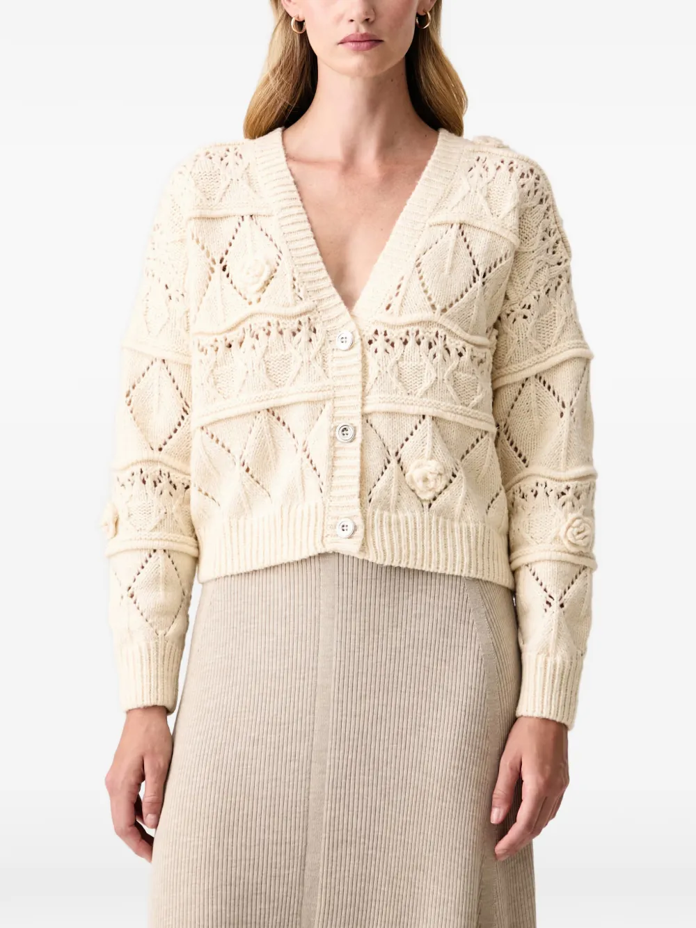 FRACOMINA cable-knit floral-appliqué cardigan