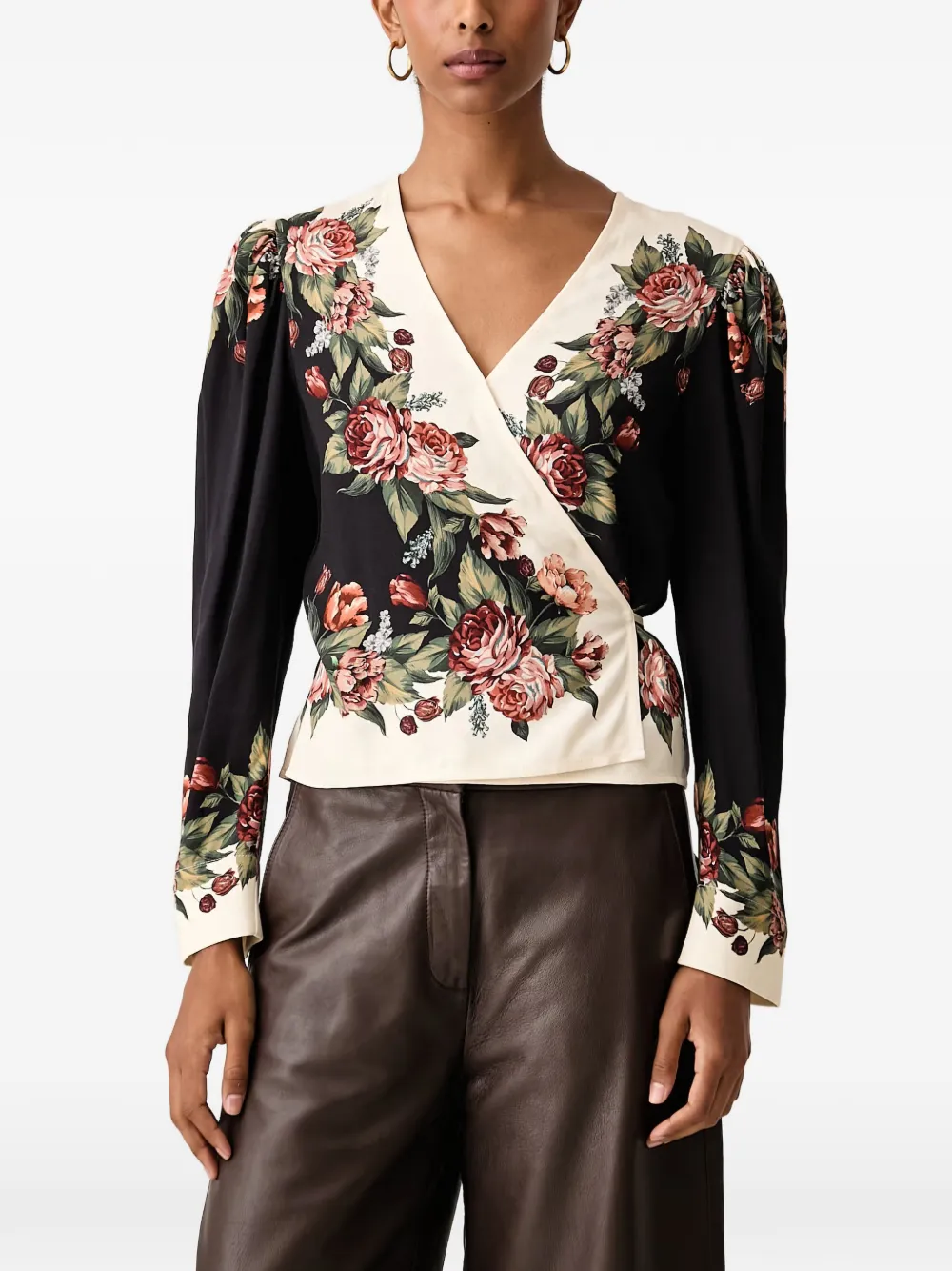 FARM Rio floral-print wrap blouse - Nero