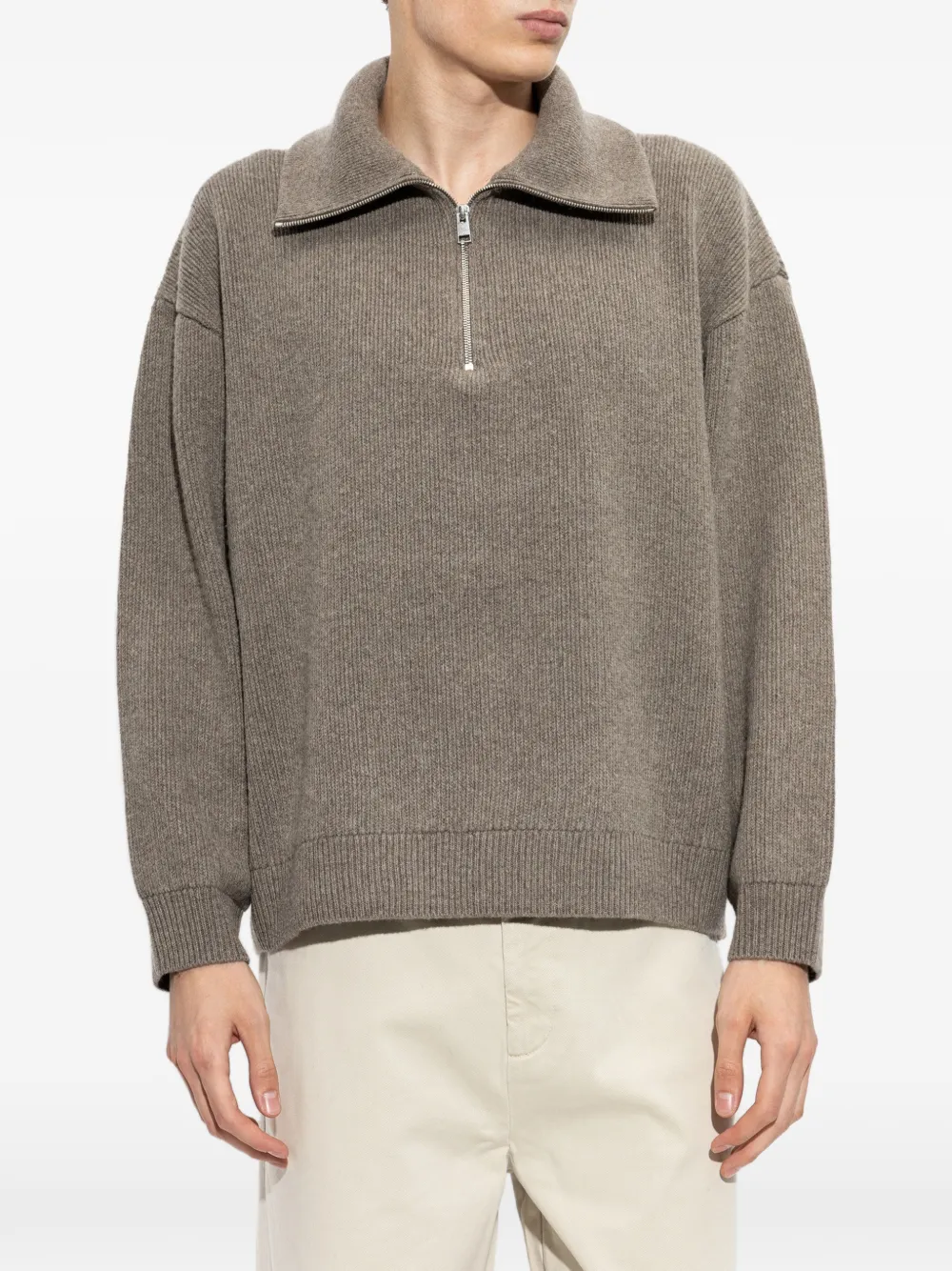 FRAME Retro Ribbed-knit Half-zip Sweater in Brown, view 3
