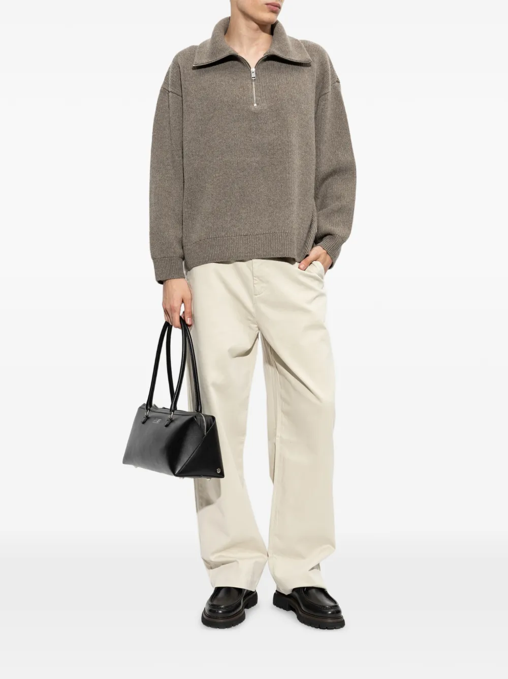 FRAME Retro Ribbed-knit Half-zip Sweater in Brown, view 2