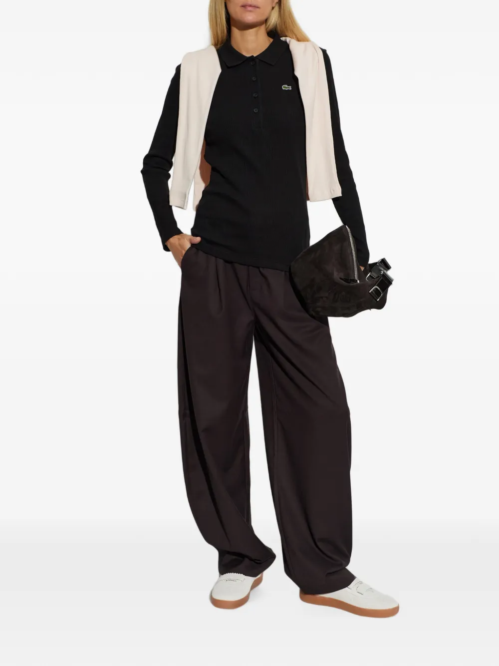 Lacoste ribbed long-sleeve polo shirt Zwart