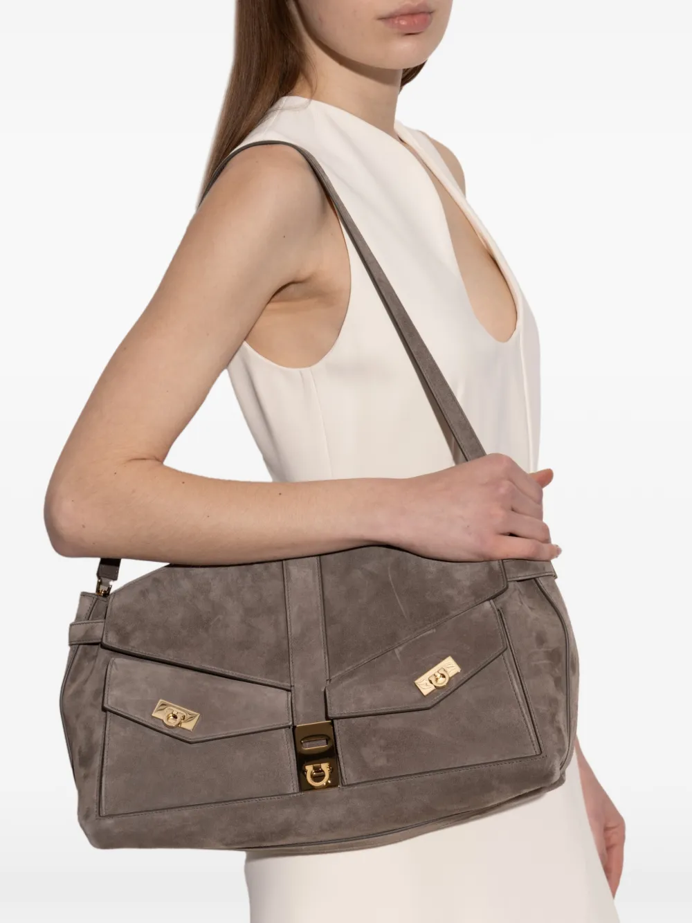 Ferragamo Hug suede shoulder bag Grijs