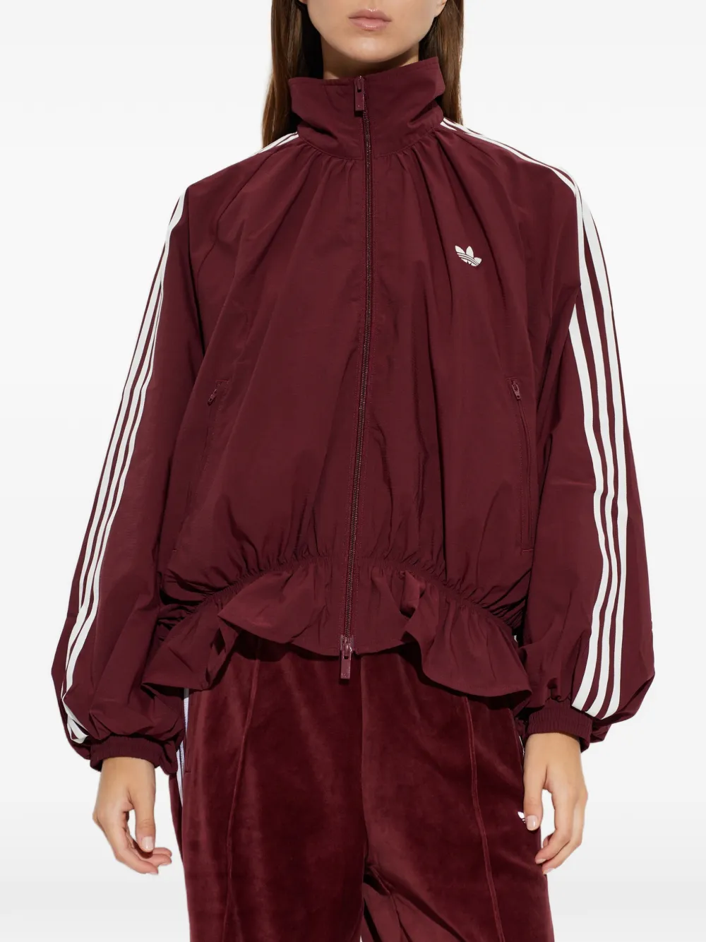 adidas 3-Stripes gathered-detail oversized jacket Rood
