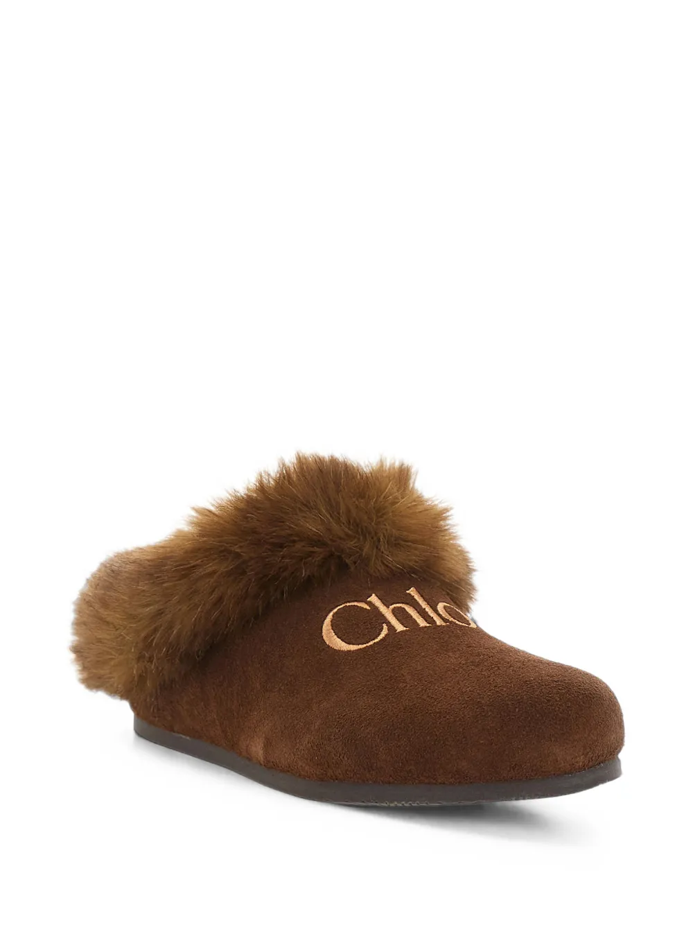 Chloé Kids logo-embroidered faux-fur slippers - Marron