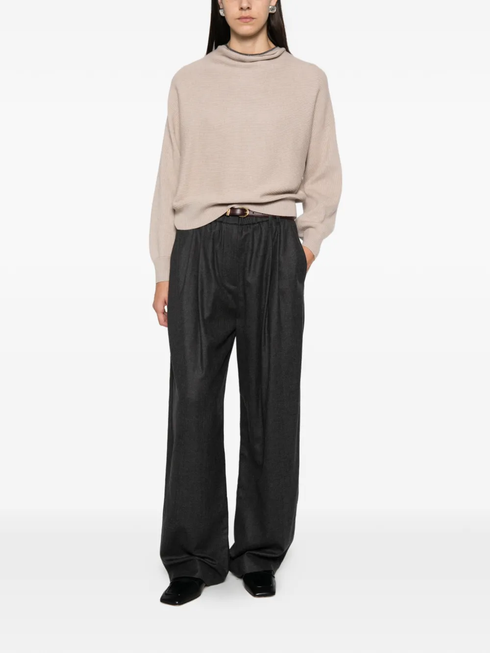 Brunello Cucinelli Monili-trimmed ribbed-knit sweater Beige