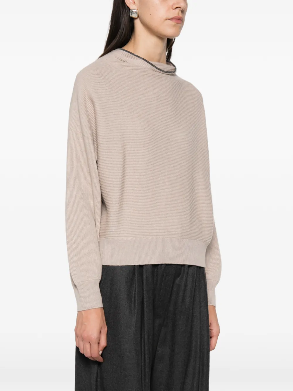 Brunello Cucinelli Monili-trimmed ribbed-knit sweater Beige