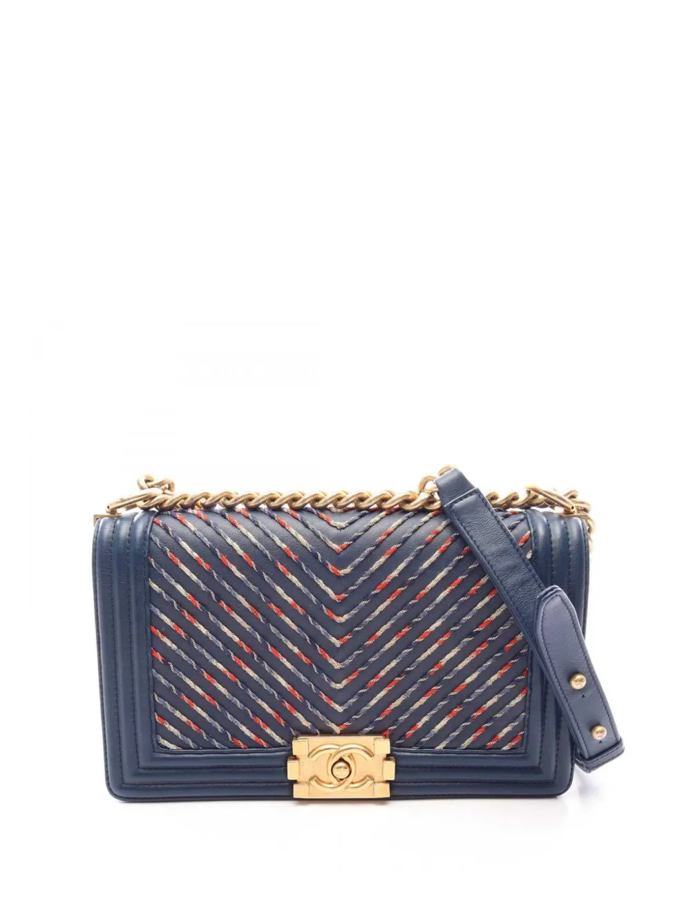 CHANEL Pre-Owned 2019 Medium Chevron Lambskin Embroidered Boy Flap shoulder bag - Blu