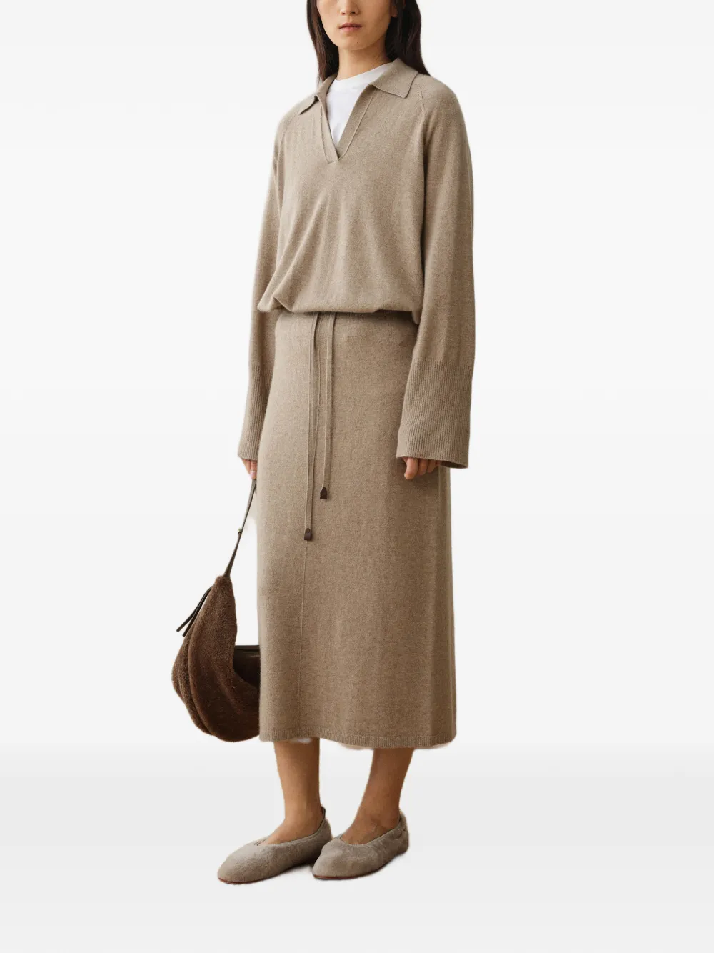 Less Cashmere Drawstring Midi Skirt In Neutrals