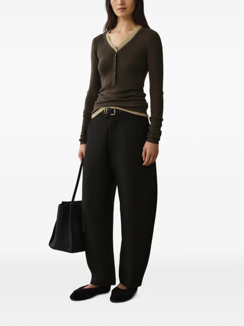 Less Layered-effect Button-placket Sweater In Brown