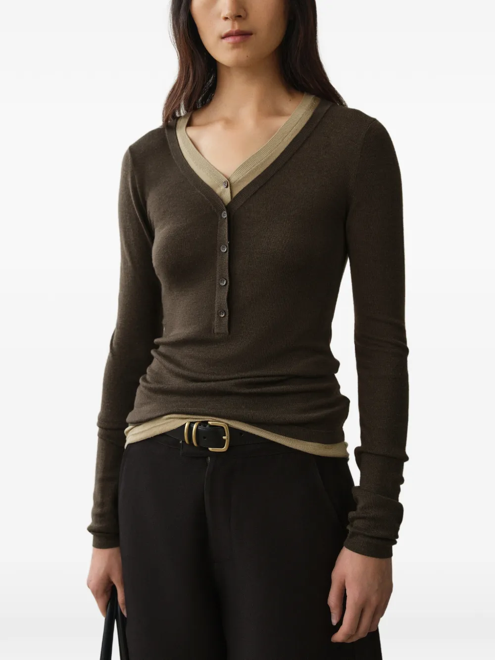 Less Layered-effect Button-placket Sweater In Brown