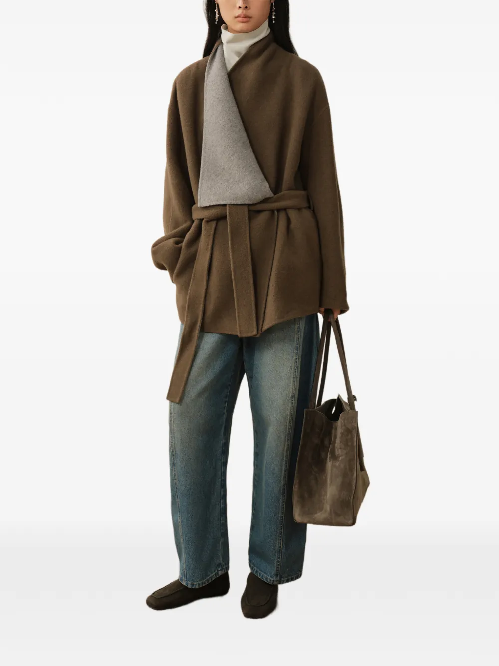Less Asymmetric-collar Belted Coat In Brown