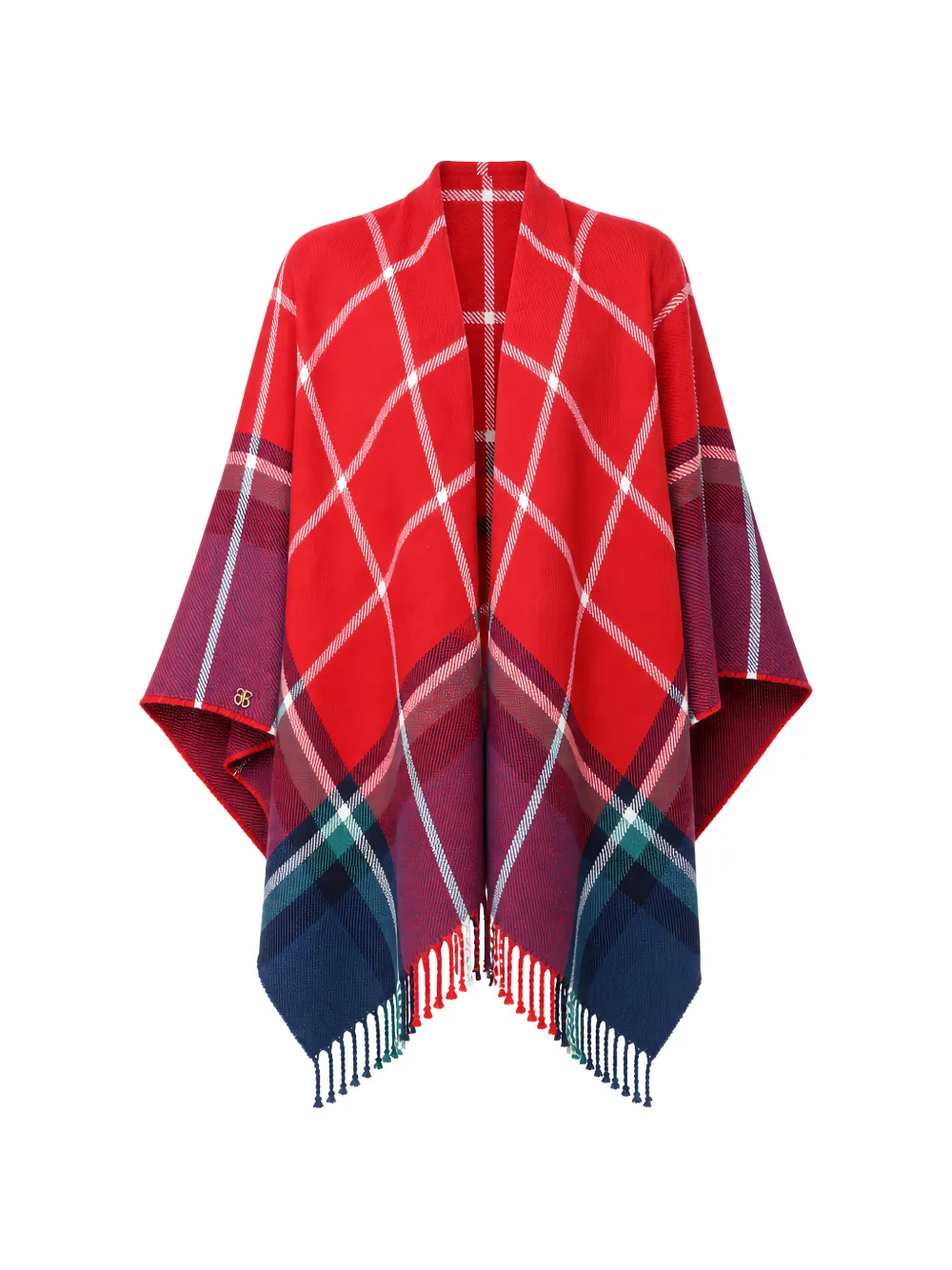 Benetton check-pattern fringed cape