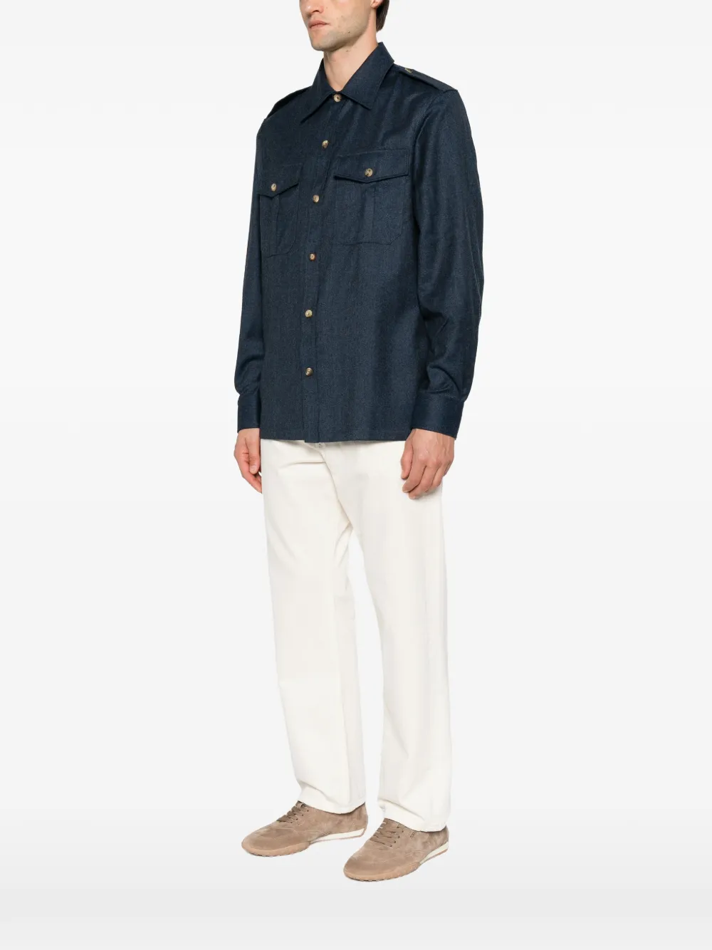 Brunello Cucinelli Overhemd met epauletten en knoopsluiting Blauw