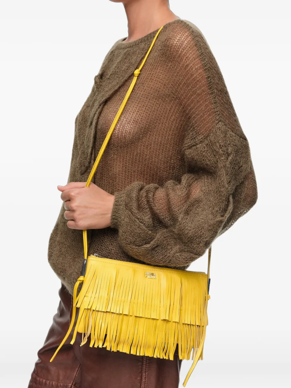BIMBA Y LOLA Kleine leren clutch met franje Geel